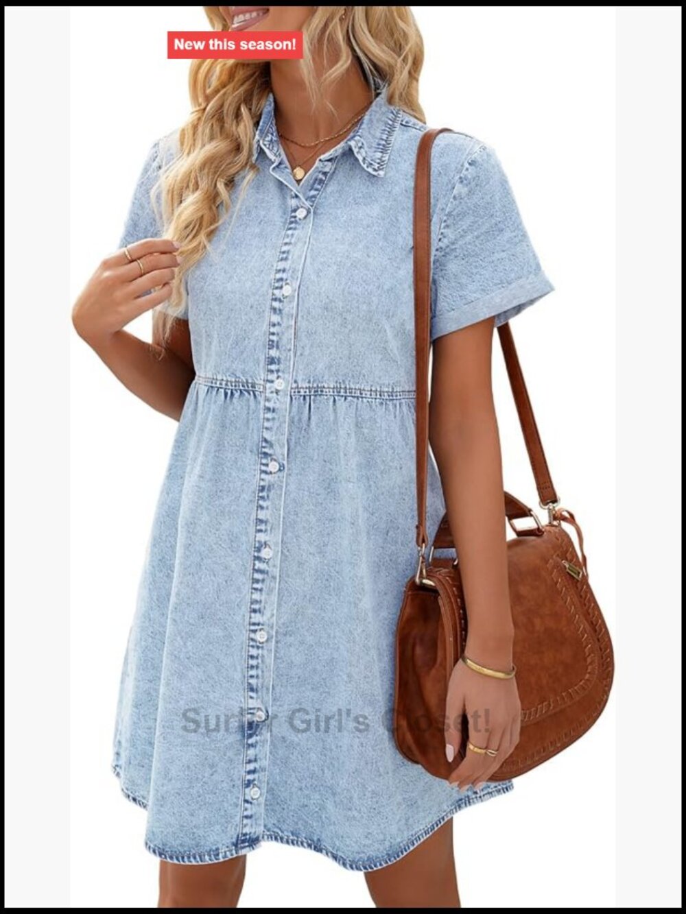 Denim Babydoll Dress Short Sleeve Tiered Button Down Casual Summer Jean Dress